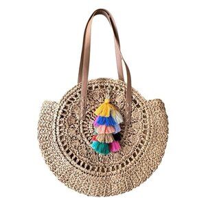 Woven Straw Tote with Colorful Tassels